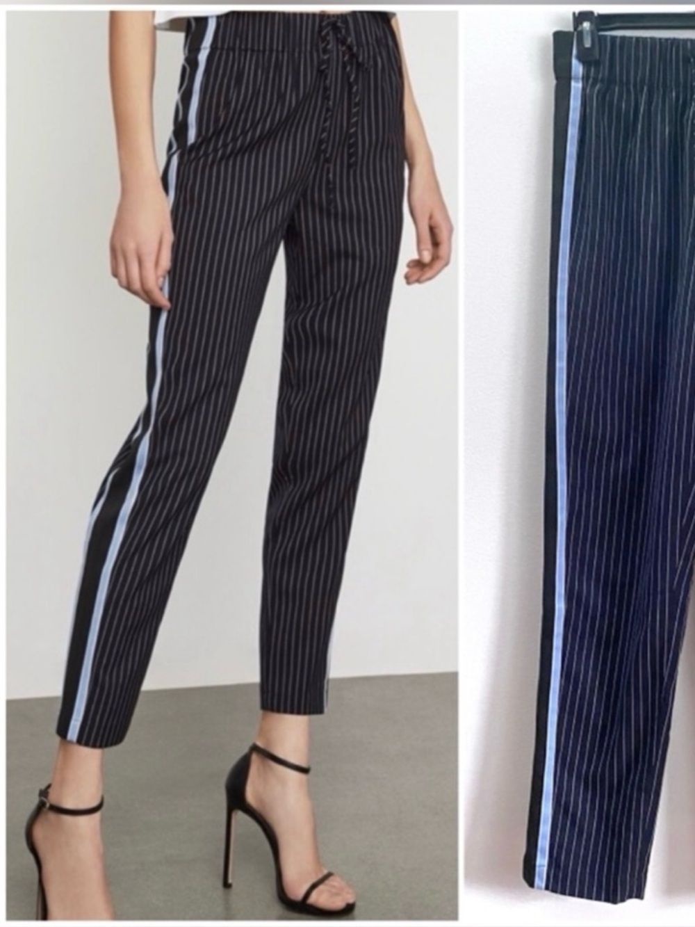 BCBGMaxAzria Black Pinstripe Ankle Pants with Light Blue Side Stripe